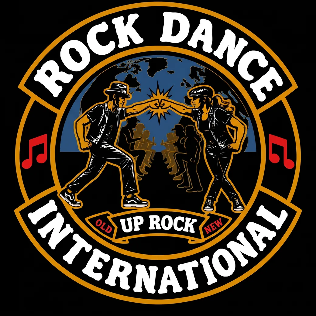 Nášivka Rock Dance International: dva rockeři si ťukají pěstí před glóbem a za nimi stojí řada rockerů